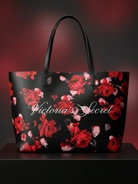 Victoria’s Secret Floral Tote Bag Black Red Rose Print
